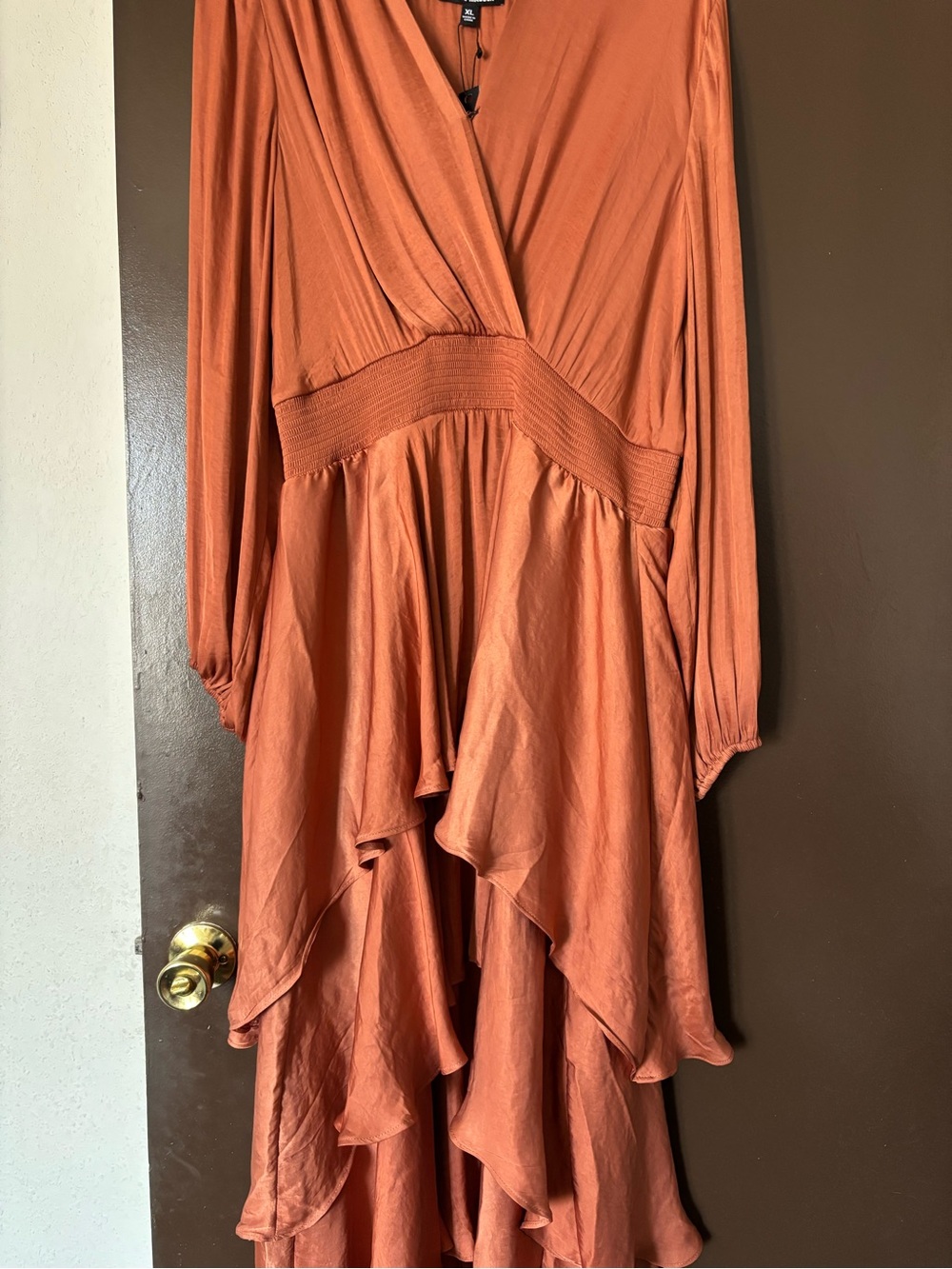 Steve Madden Rust Orange High-Low Ruffle Wrap Dress